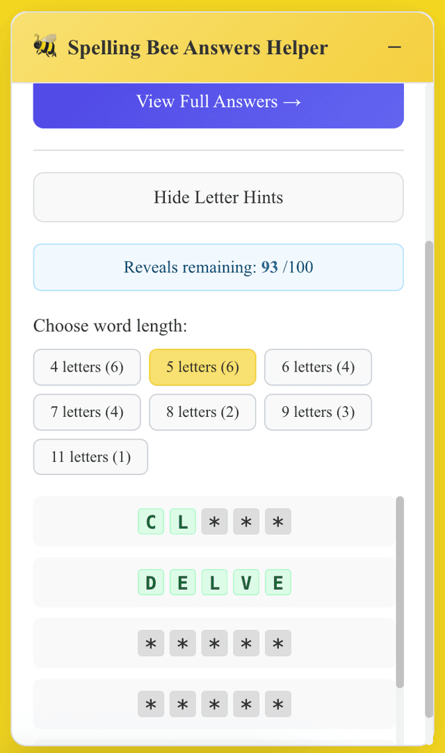 Spelling Bee Answers Helper floating widget showing puzzle stats and hints